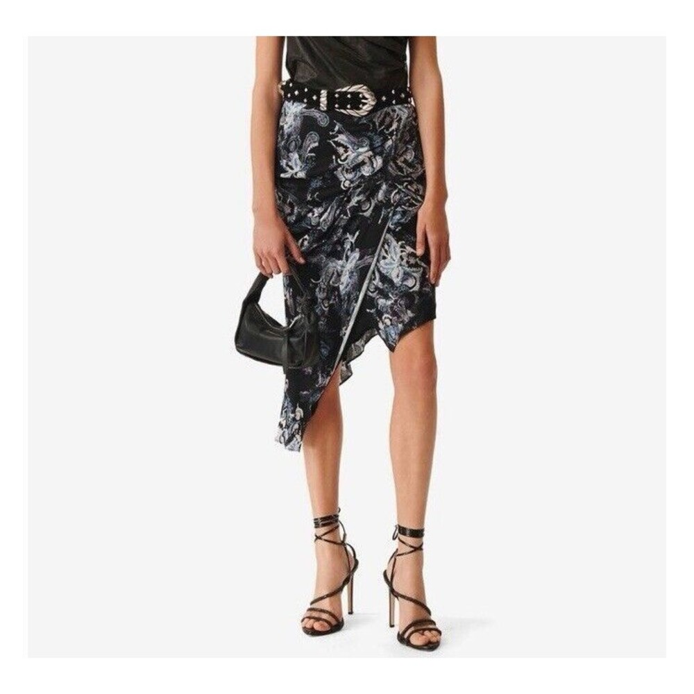 IRO Cartina Draped Asymmetrical Skirt Black with Paisley Flower Print Sz 4/S NEW - Picture 9 of 10